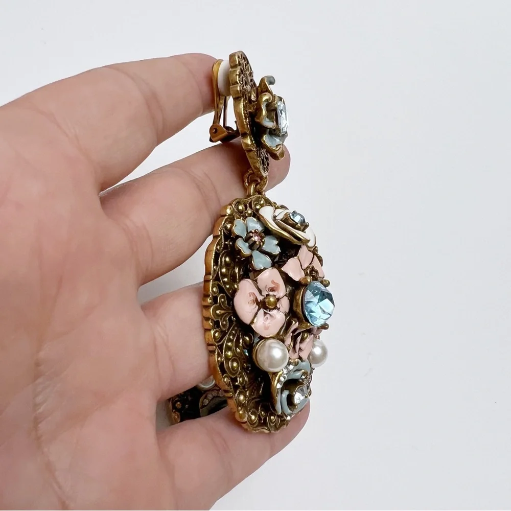 Oscar de la Renta Baroque Goldtone Enamel Floral Crystal Drop Clip On Earrings
